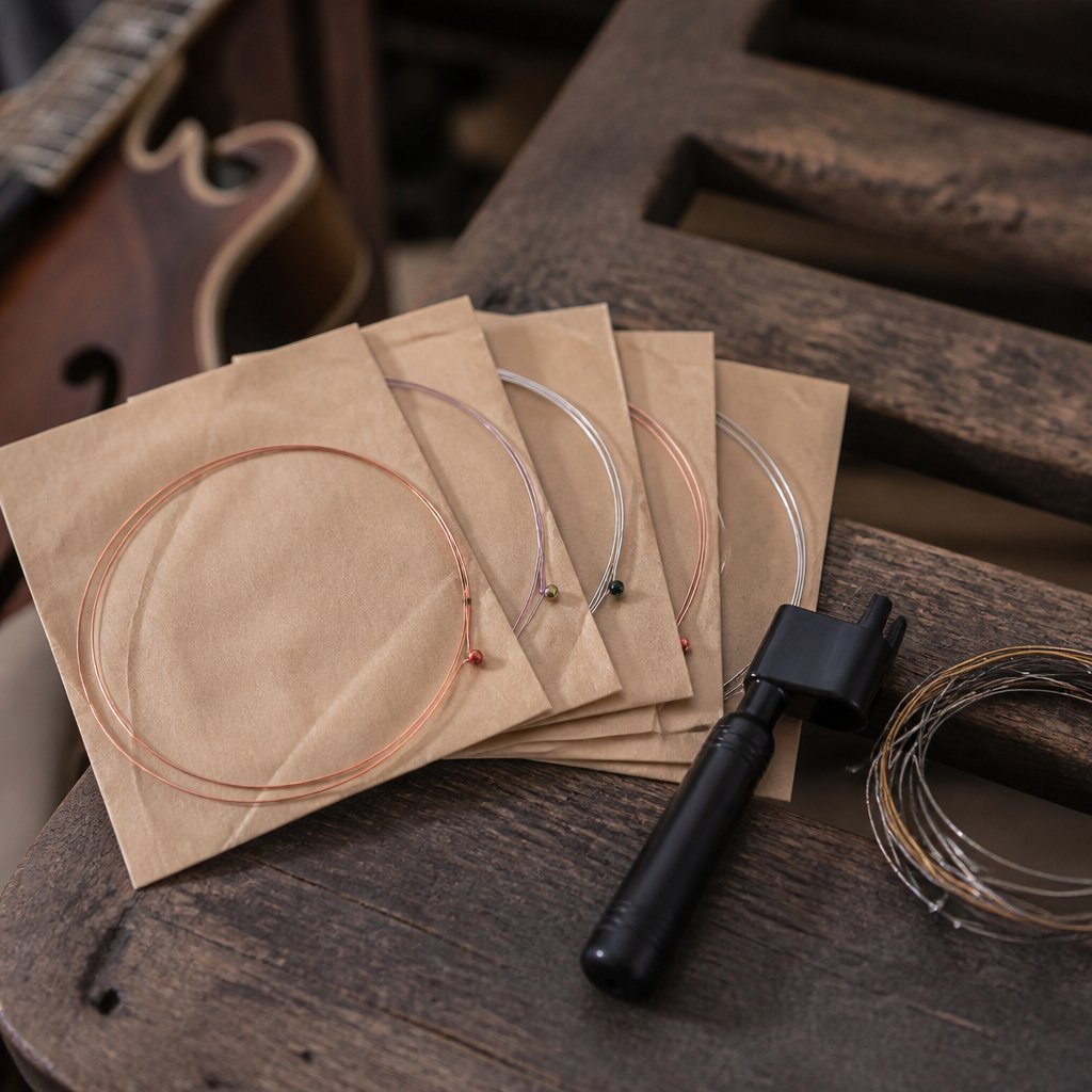 Paper string packets fanned out on a bench beside a peg winder and a coil of used mandolin strings